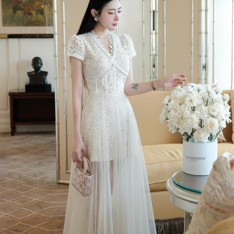 Ảnh thật - Đầm thiết kế ren kem viền ngọc chân lưới sang chảnh phù hợp với mọi sự kiện