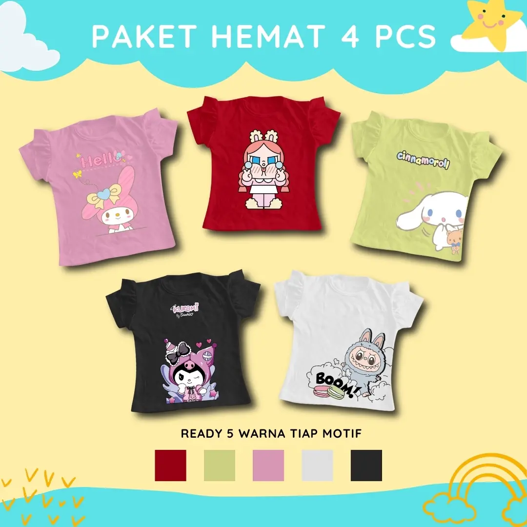 Paket 4 PCS Atasan Anak Perempuan Kaos Lengan Rufle Model Akela Kids Bahan Cotton Premium 30s Fashion 1th - 8th