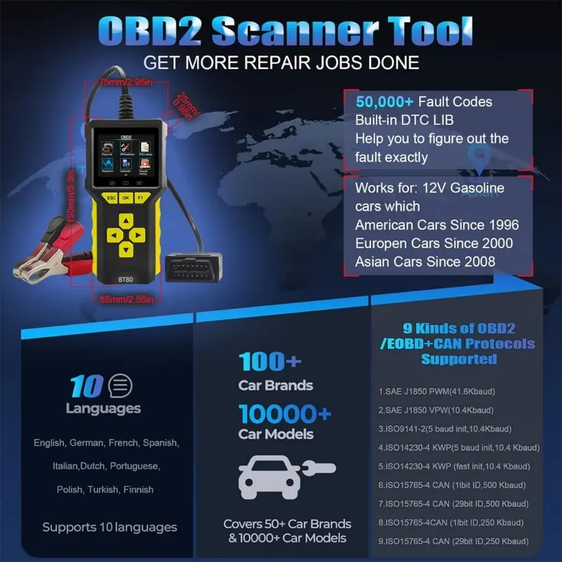 BT80 2 IN 1 OBD2 II Scanner Mobil dan Battery Baterai tester Pembaca Cek Kode Diagnostic OBD 2 BT 80 BT-80 Error Code Check Engine + Aki Test 6