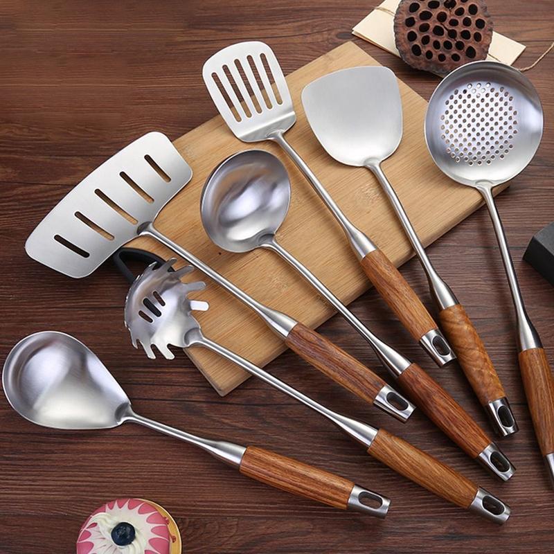 Cookware 304 Staniless Steel Kitchen Utensils Long Wooden Handle Spatula Spoon Cooking Equpment Frying Shovel Thickened Cooking Tool Sets 0