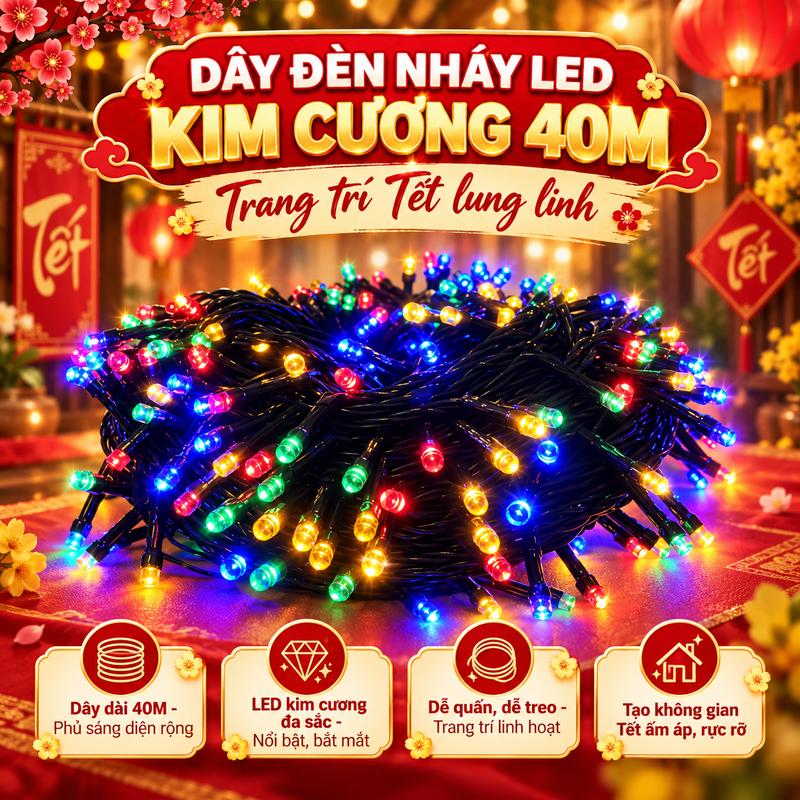 Cuộn 40m Dây Đèn Nháy LED 4 Hiệu Ứng Bóng Kim Cương, Bộ Dây Đèn LED Trang Trí TẾT, Cửa Hàng, Sử Dụng An Toàn