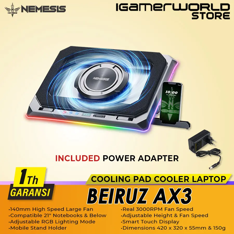 Nyk Beiruz AX3 Adjustable Coolingpad RGB Turbo Air Compressed with Plate Topper + Power Adapter Cooler Laptop Cooling Pad