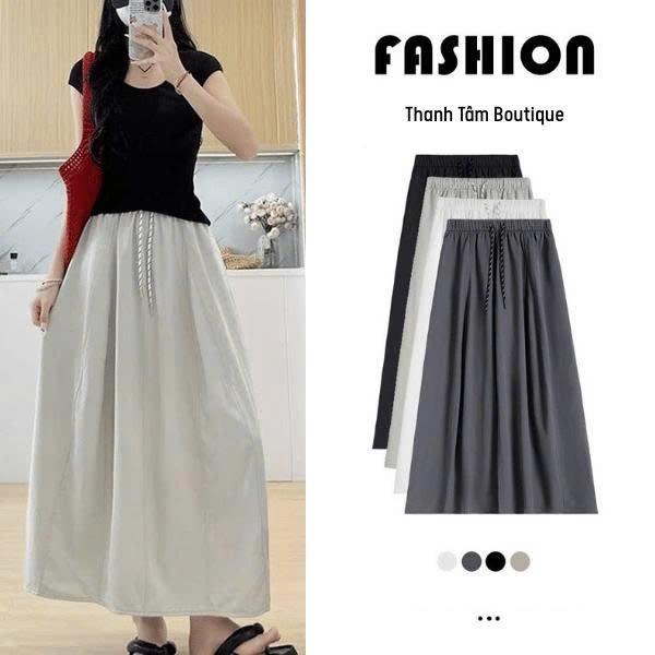 [ CHÂN VÁY vải gió Hàn] Chân váy xoè dáng dài cạp chun lưng cao có túi vải mềm phong cách trẻ trung