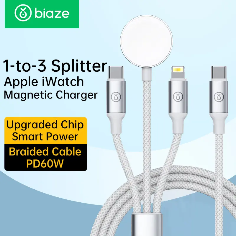 Biaze iWatch Magnetic Charging with Type-C+Lightning Tri-in-One Braided Charging Cable for Apple Watch Users iWatch Charger Convenient wireless