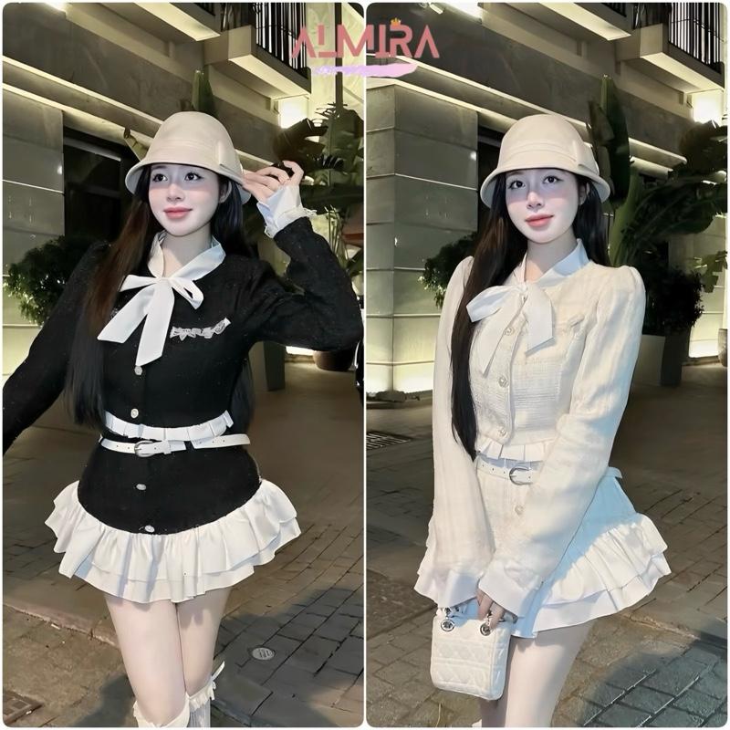 Tặng Kèm Đai Sét Váy Dạ Tếch 2 Lớp Bánh Bèo Gồm Áo Dạ Nơ Cổ Phối Bèo + Chân Váy Chân Bèo Tầng