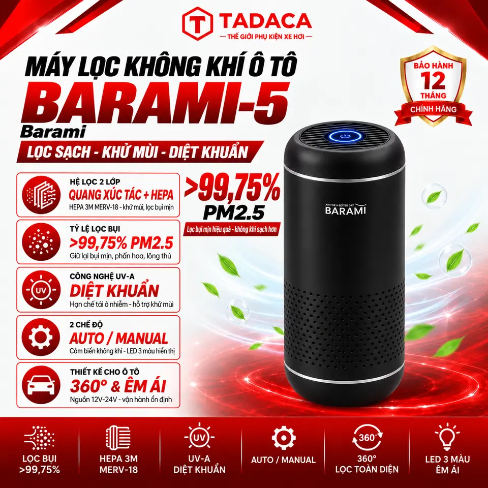 Máy lọc không khí Barami - Lọc toàn diện 360 độ - Cảm biến chất lượng không khí thông minh