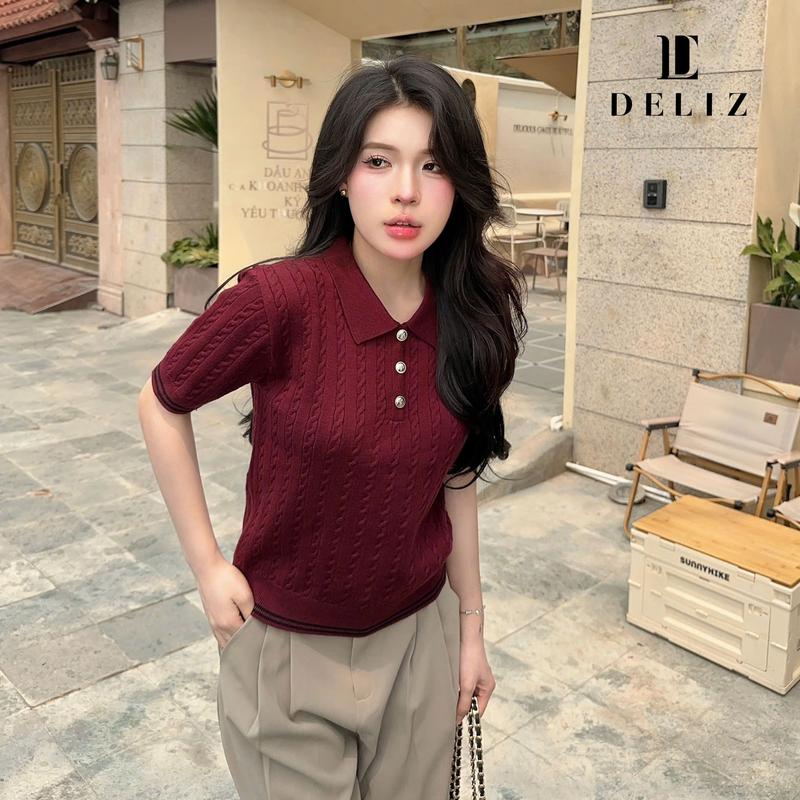 DELIZ - Áo len ngắn tay mùa hè tone màu đỏ trầm phối khuy đồng sang chảnh - PL31