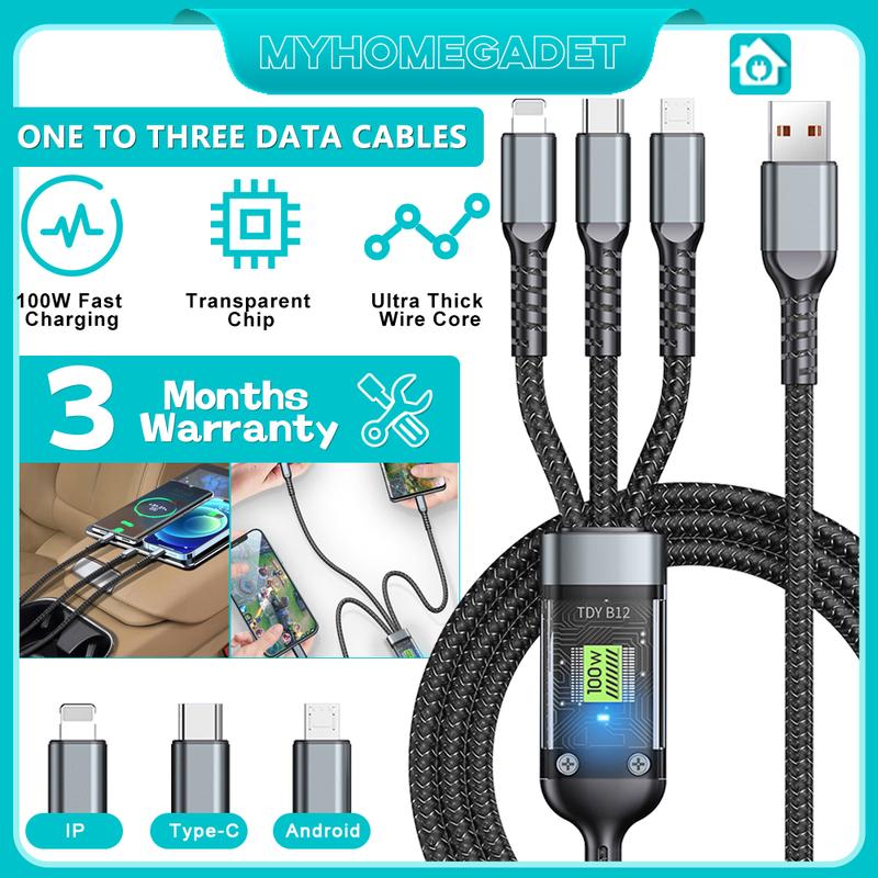 Data Cable With Led 100W 3-in-1 Transparent Luminous Fast Charge Data Cable LED Light ...