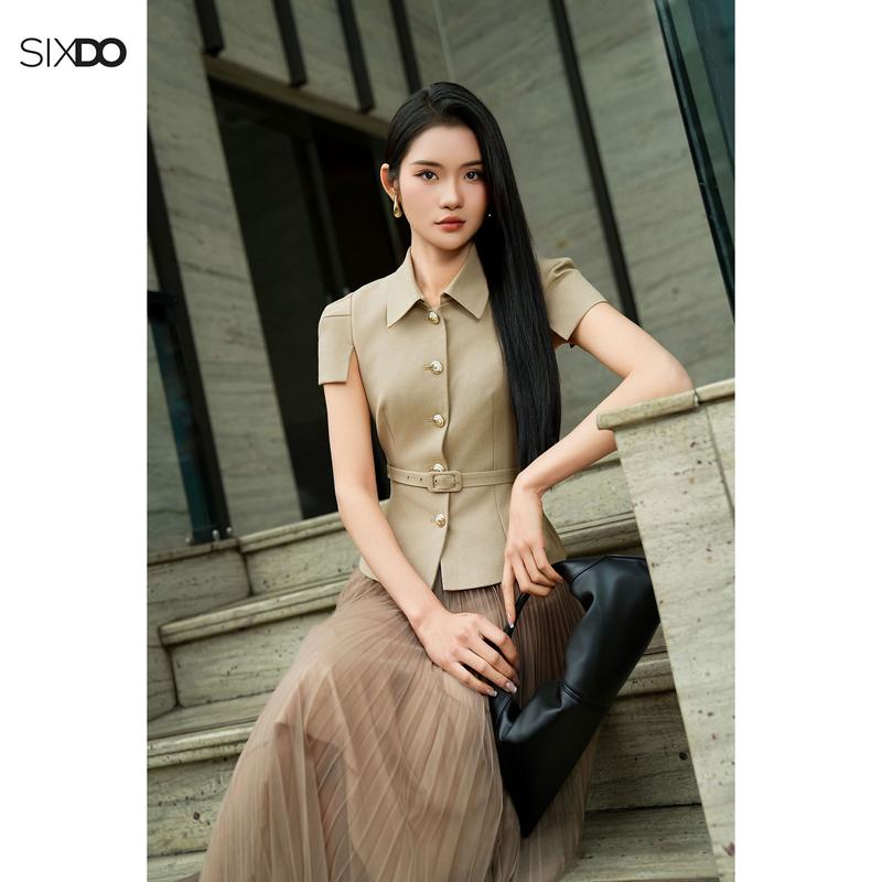 Áo vest nữ nâu nhạt cổ đức ngắn tay SIXDO (Light Brown Woven Vest)