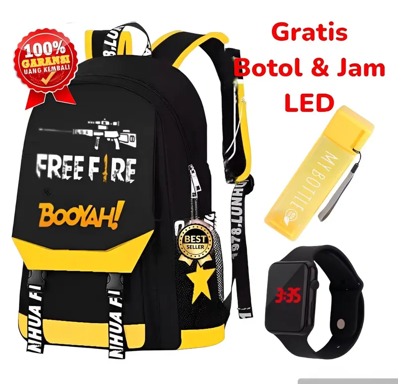 MODERN / tas ff boyah/evos mobillegend Kanvas free jam botol Hitam Setrip kuning abu Anak Led Sd Fashion 0
