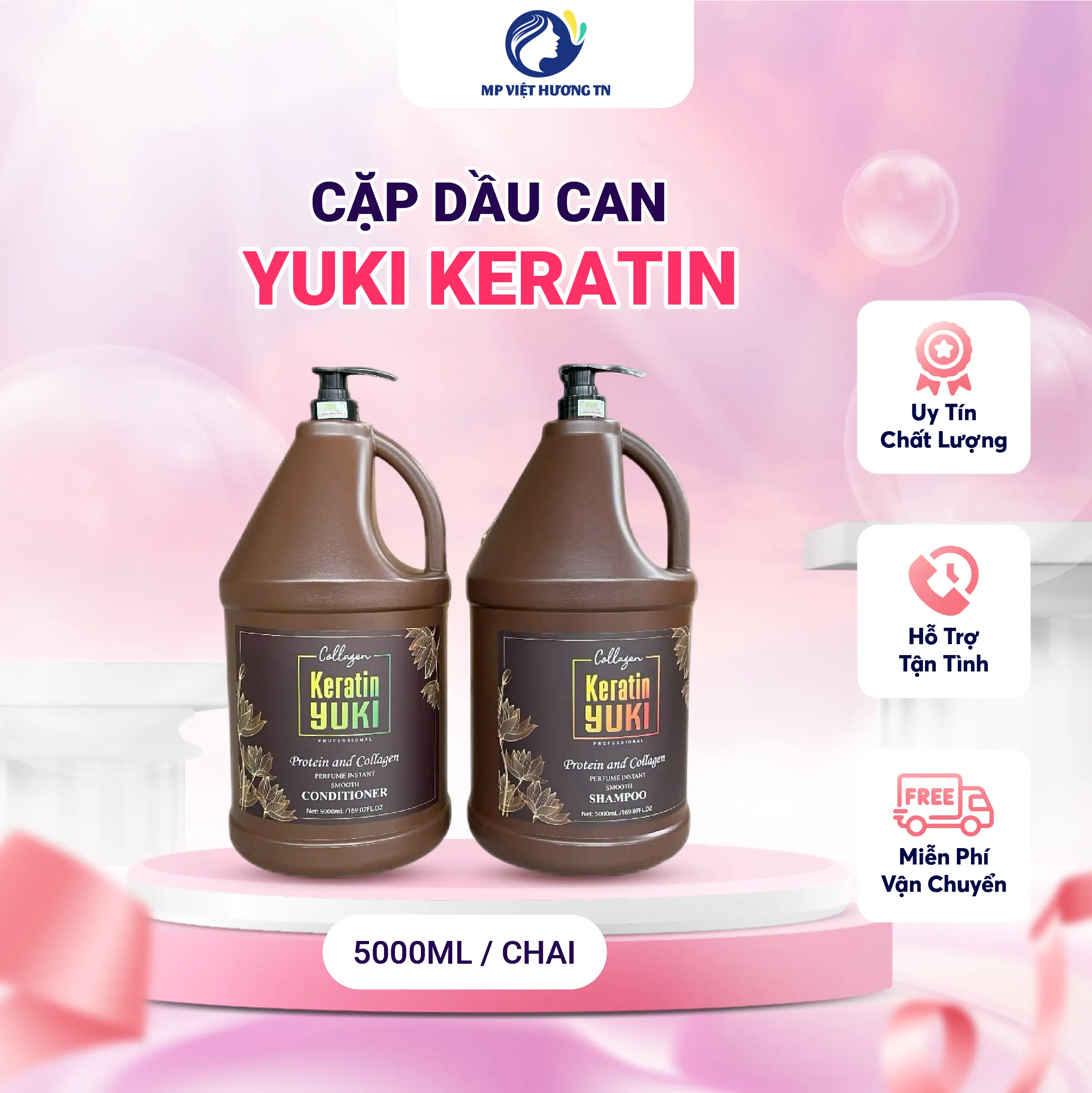 Cặp Dầu Gội, Dầu Xả Can Yuki Keratin Collagen chuyên dụng chăm sóc tóc cho Salon, phục hồi hư tổn, hương thơm dịu nhẹ - Can 5000ml (Trọng lượng thực 4.3kg)