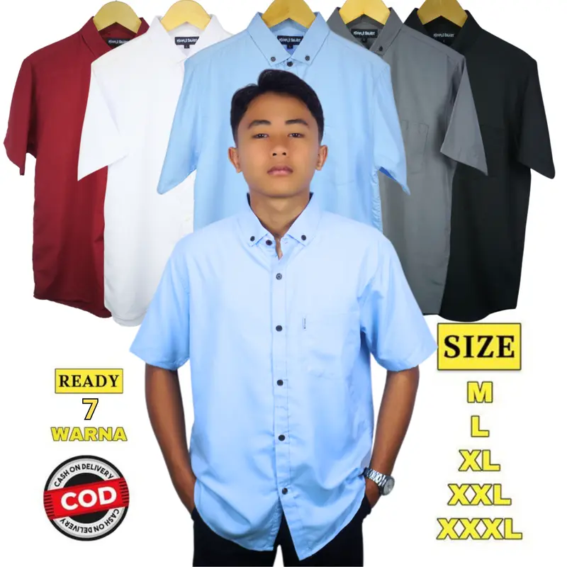Kemeja Polos Pria Slimfit Casual Baju Formal Katun Distro Softblue Hitam Putih Panjang Tangan Garis Santai DHEEM Pendek Kerja Cowok Kerah Hem Kantor Navy lengan 2