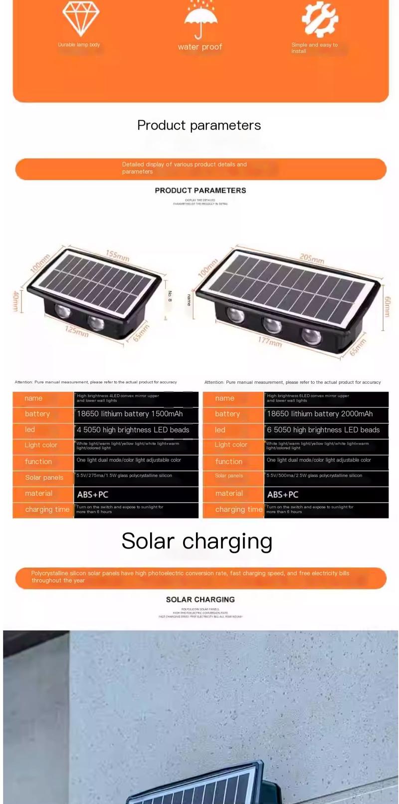 Product Introduction of Solar outdoor lights, household courtyard wall lights, waterproof wall washing lights, villa spotlights, double headed high brightness wall lights, up and down 1