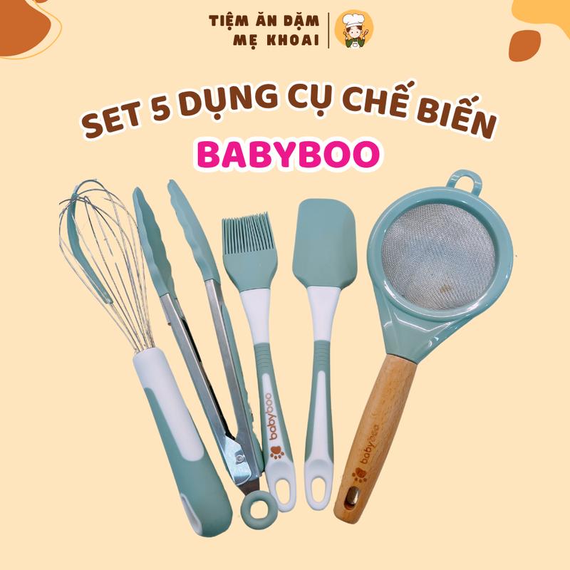 Bộ 5 Dụng Cụ Nấu Ăn Dặm Silicon Babyboo – Quấy Cháo, Rây Lọc, Phết Dầu, An Toàn BPA-Free