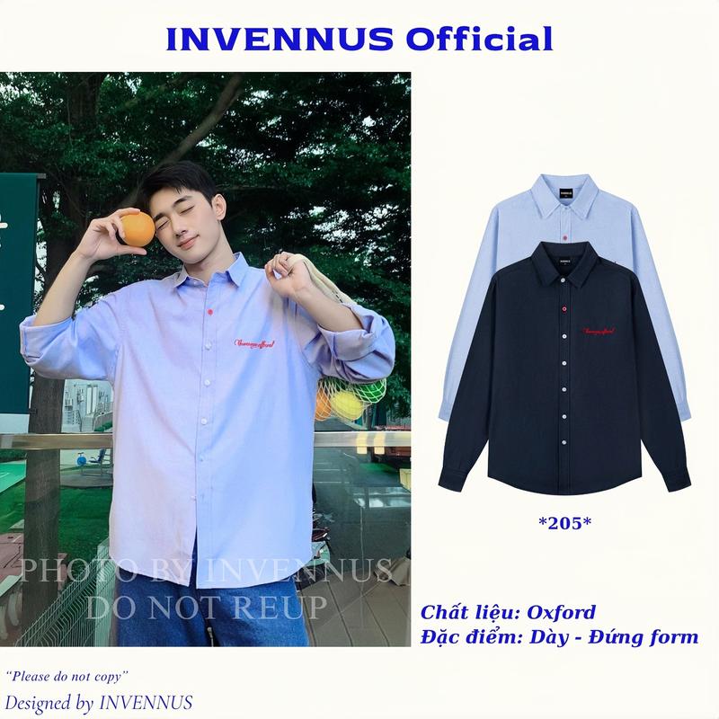 Áo sơ mi trơn INVENNUS dài tay nam nữ, chất liệu Oxford form rộng phong cách Hàn Quốc thêu - 205