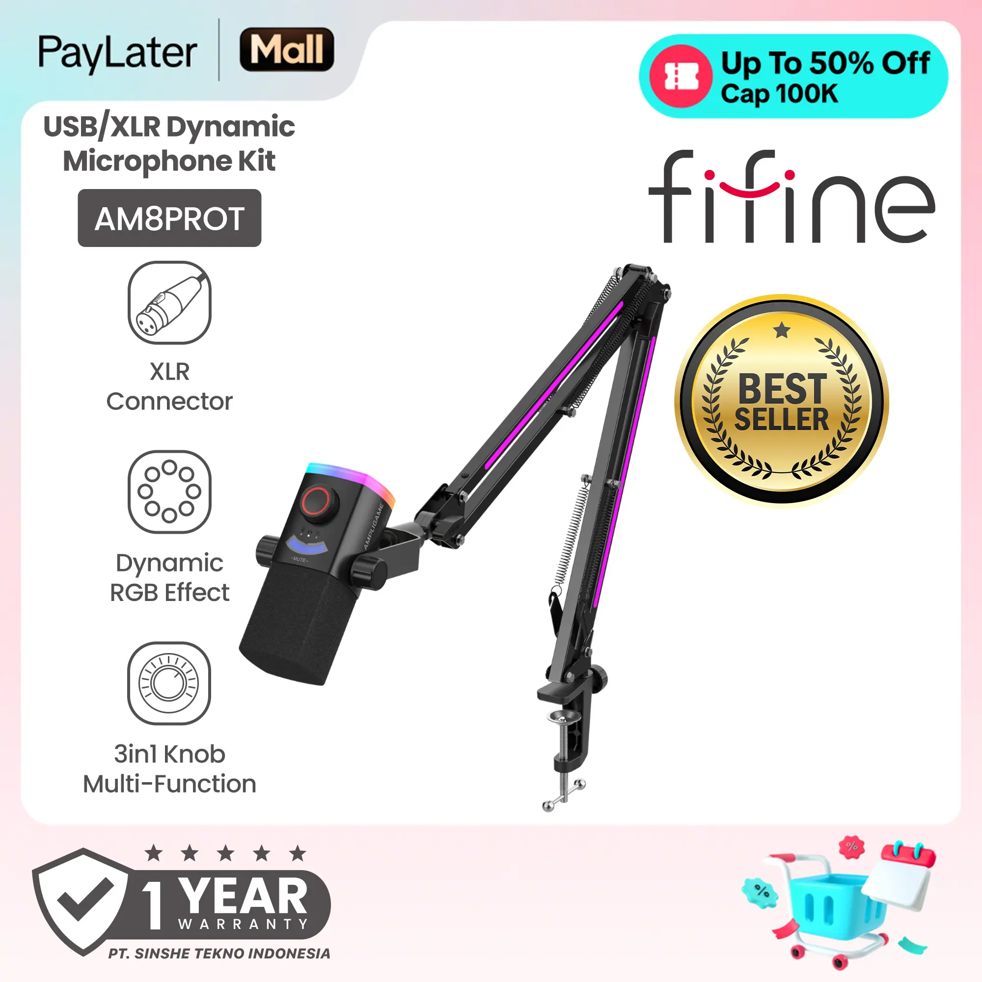 Fifine AM8PROT AM8PROS Microphone Dynamic USB XLR RGB with Boom Arm Stand Mic for PC Gaming Live Streaming Recording Podcasting