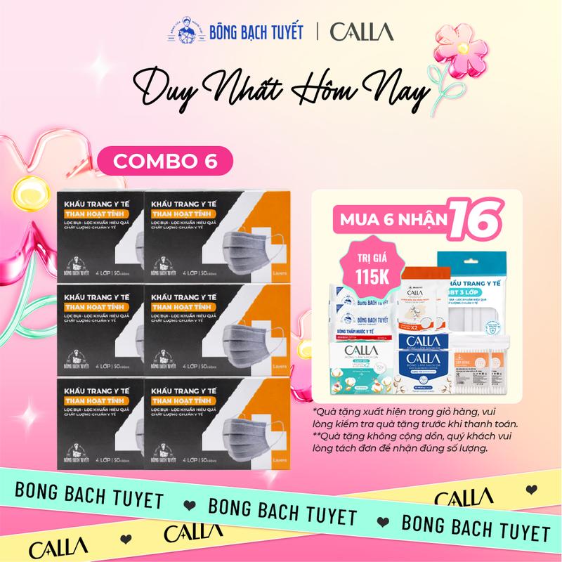 Combo 6 Khẩu trang Bông Bạch Tuyết than hoạt tính (50 cái/hộp)