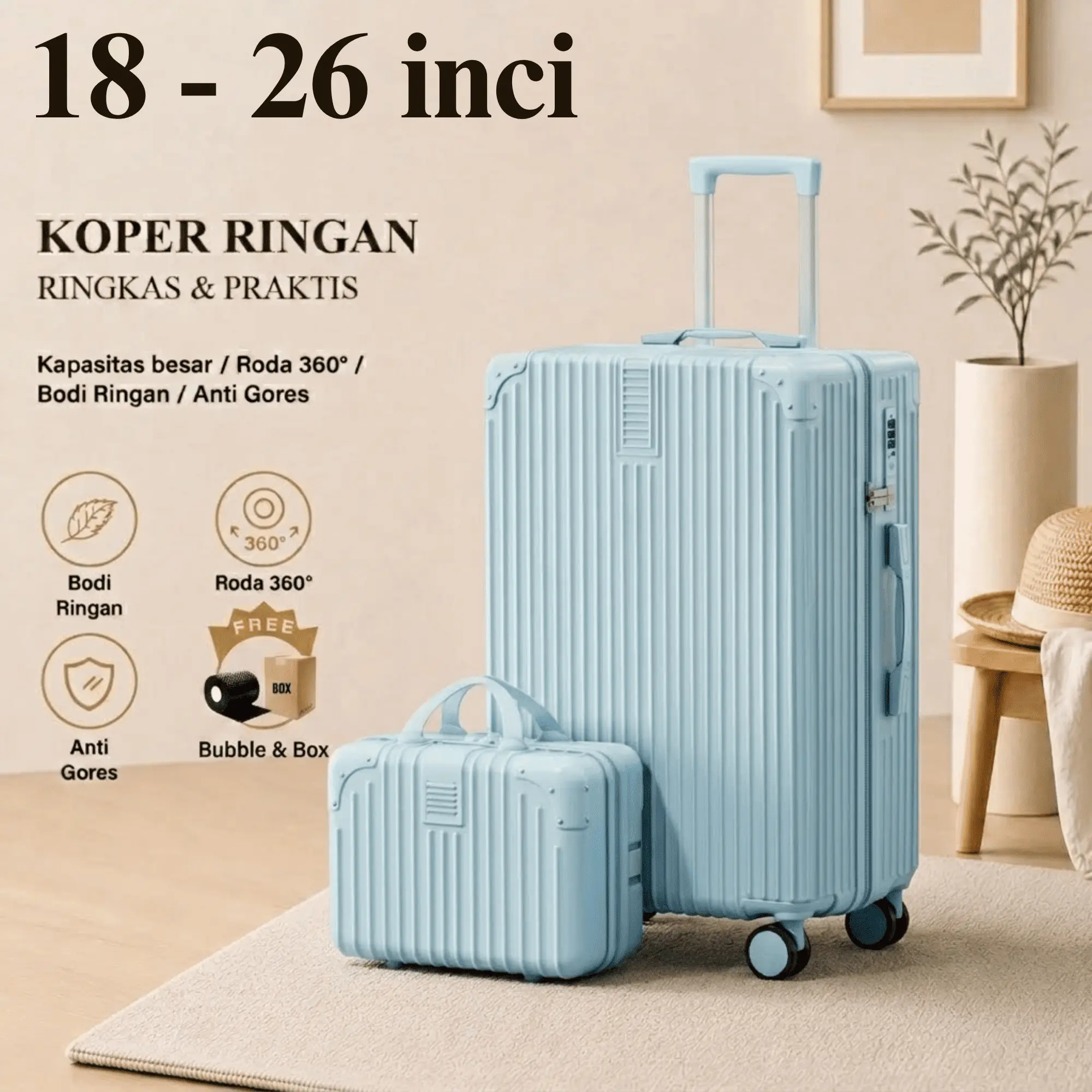 Premium Set Koper Travel 2in1 Multifungsi Hardcase PC 20-26 Inch Tahan ...