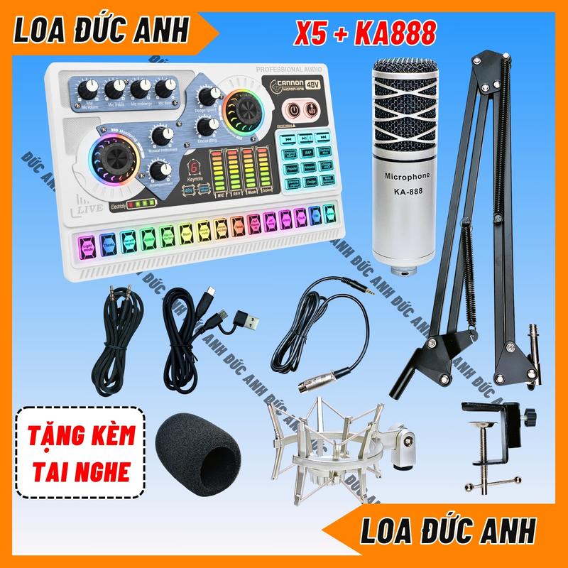 Bộ Sound Card X5 Đời Mới Và Mic KA888 Màu Bạc, Chuyên Thu Âm, Hát Livestream, Có Bluetooth, Autotune Kèm Theo Tai Nghe