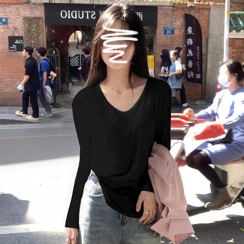 Product Introduction of Women's Oversized V-Neck Long Sleeve T-Shirt Stretchy Loose Fit Casual Top Lazy Chic Style Slimming T-Shirt 13