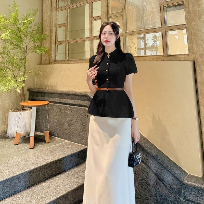 287 VINTEX- TÁCH LẺ SET NỮ ÁO PEPLUM CỔ TRỤ ĐÍNH NÚT BELT KÈM CHÂN VÁY DÀI 88-90CM phong cách vintage size S M L phù hợp đi làm đi chơi đi tiệc