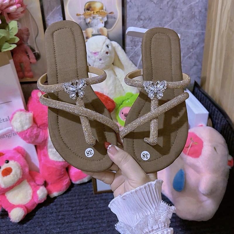 Dép nữ xỏ ngón đính đá charm đế bệt sang trọng , dép kiểu nữ đẹp DéP Shoes giay dep