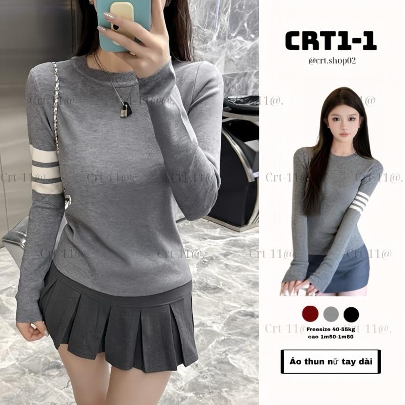 Áo Thun Nữ Tay Dài cổ tròn viền sọc tay xinh chất thun tăm thời trang CRT Cổ Tròn Top Women Voi Đen Kem Voan A7