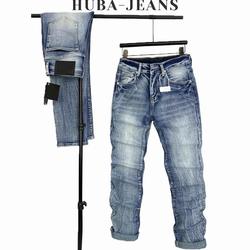 Quần jean nam HUBA-JEANS  phom ôm ống côn, màu xanh phun và túi, form slimfit, không xù lông Menswear Pants Denim