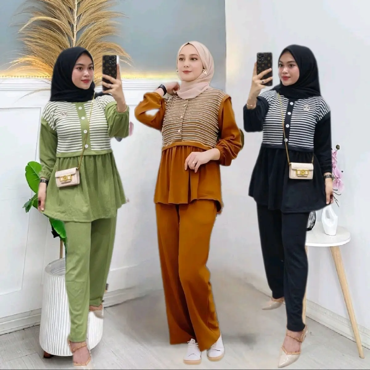 Oneset wanita Kombi salur/Setelan wanita Motif terbaru/Setecel Piyama model kekinian/Setelan wanita Baju dan celana panjang terbaru