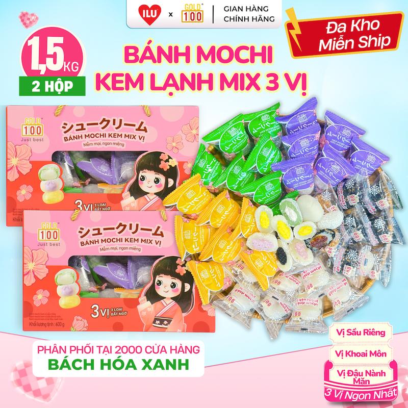 (2 Hộp 1,3Ký) Set Bánh Mochi Mix 3 Vị Phủ Dừa Nhân Kem Sầu Riêng/ Khoai Môn/ Đâụ Nành Mặn 1,3 Ký Bao Gồm Vỏ Hộp Gold 100 x ILU Mall Siêu Ngon Top Bánh Ngon Ăn Hằng Ngày Cực Ngon Bánh Trending Bán Chạy