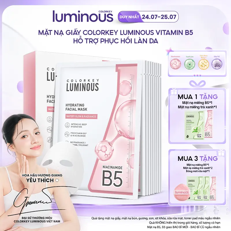 1 Hộp 10 Miếng Mặt Nạ Giấy COLORKEY LUMINOUS Vitamin B5 Giúp Cấp Ẩm, Hỗ Trợ Phục Hồi Làn Da Nhiều Dưỡng Chất 25ml/miếng