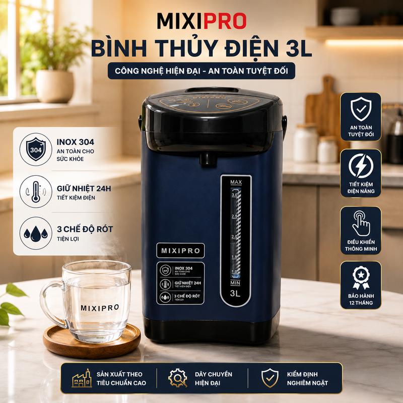 Bình Thủy Điện MIXI PRO 3.0L – Đun Nước Siêu Tốc, Giữ Nhiệt Thông Minh, An Toàn Cho Gia Đình