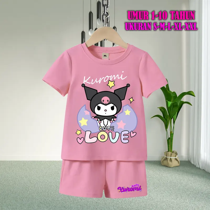 Setelan Baju Anak Tidur Gambar Kuromi Lengan Pendek dengan Sablon Berkualitas - Baju Anak Fashion Celana Pendek piyama  kuromi  anak baju  tidur  anak  perempuan 5