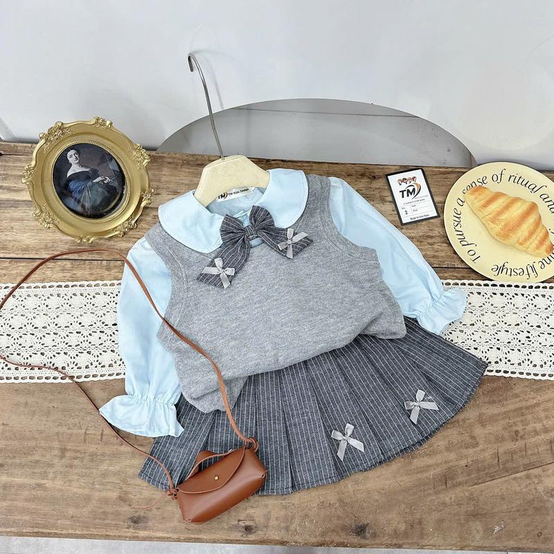   Nini kids -Sét 3 chi tiết cho bé Gái kèm chân váy hoa mềm  đủ size 8-35kg   v6-ghi nơ  