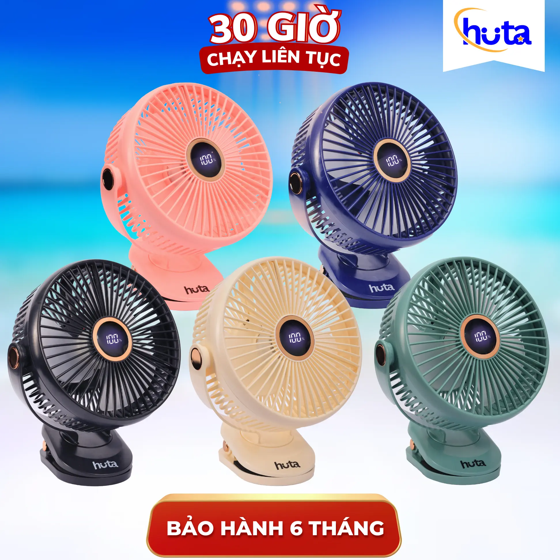 Quạt Kẹp HUTA Q22 Đường Kinh 20cm, Đồng Hồ Phần Trăm Pin, Dung Lượng Pin Trâu, Bảo Hành 6 Tháng