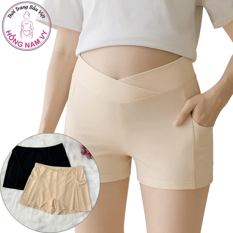  Quần mặc váy bầu cạp chéo Hồng Nam Vy có túi cotton đẹp 