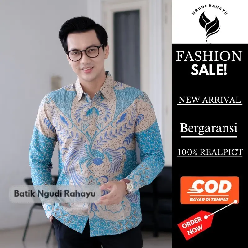 Baju Formal Katun Dewasa Atasan Kantor Kerja Motif - Ngudi Rahayu Batik Lengan Panjang Pria Slimfit Casual Nyaman Seragam Kantong Kancing Hitam