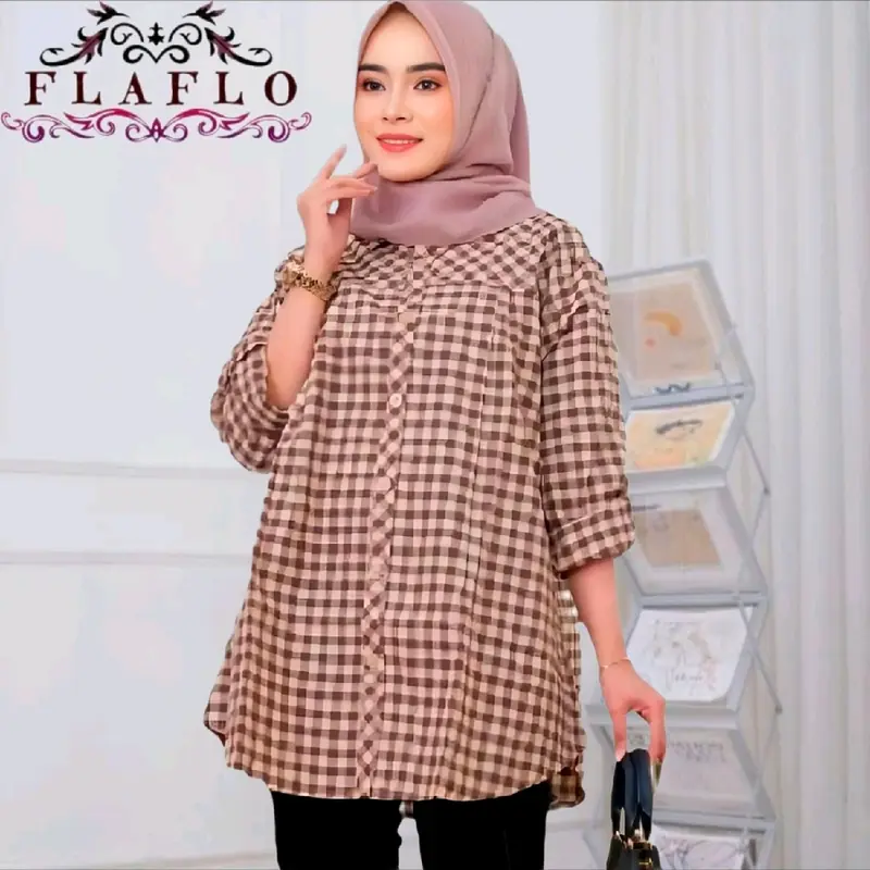 FLAFLO Blouse jumbo LD 120 kemeja kerja kotak kotak kekinian muat 85 kg Baju Atasan Panjang Katun Wanita Muslim lengan panjang 1
