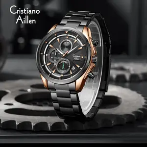 Cristiano Aillen Jam Tangan Pria Analog 8890 Rantai Stainless Steel Chronograph Kaca Sapphire Water Resistant 3 ATM Watches Waterproof Arloji