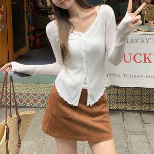 Women's V-Neck Thin Wooden Collar Sun Protection Cardigan, New Fall Buttoned Slim Fit Outerwear Knit Top, Fashionable Women's Clothing 3441 Womenswear Basic Longsleeve Minimalist Short