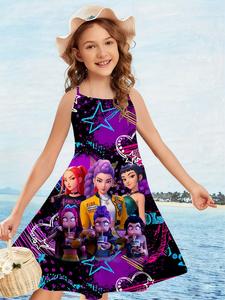 Vestido de tirantes para niñas “Kpop Demon Hunters” de verano, diseño con salpicaduras de tinta, top sin mangas casual para vacaciones, moda con impresión 3D creativa