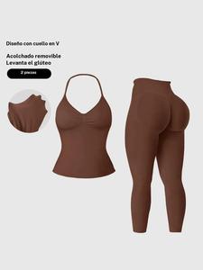 Conjunto de brasier deportivo sin espalda y top tipo tank para mujer + leggings de cintura alta, con relleno desmontable, ideal para gimnasio, correr al aire libre y yoga
