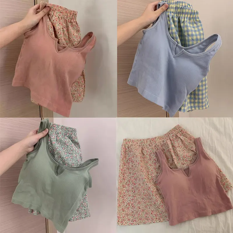 Bộ Đồ Ngủ, Hoa, Eo Co Giãn, Có Đệm Ngực, Quần Ngủ, Quần Mặc Nhà, Bộ Mùa Hè Cho Nữ