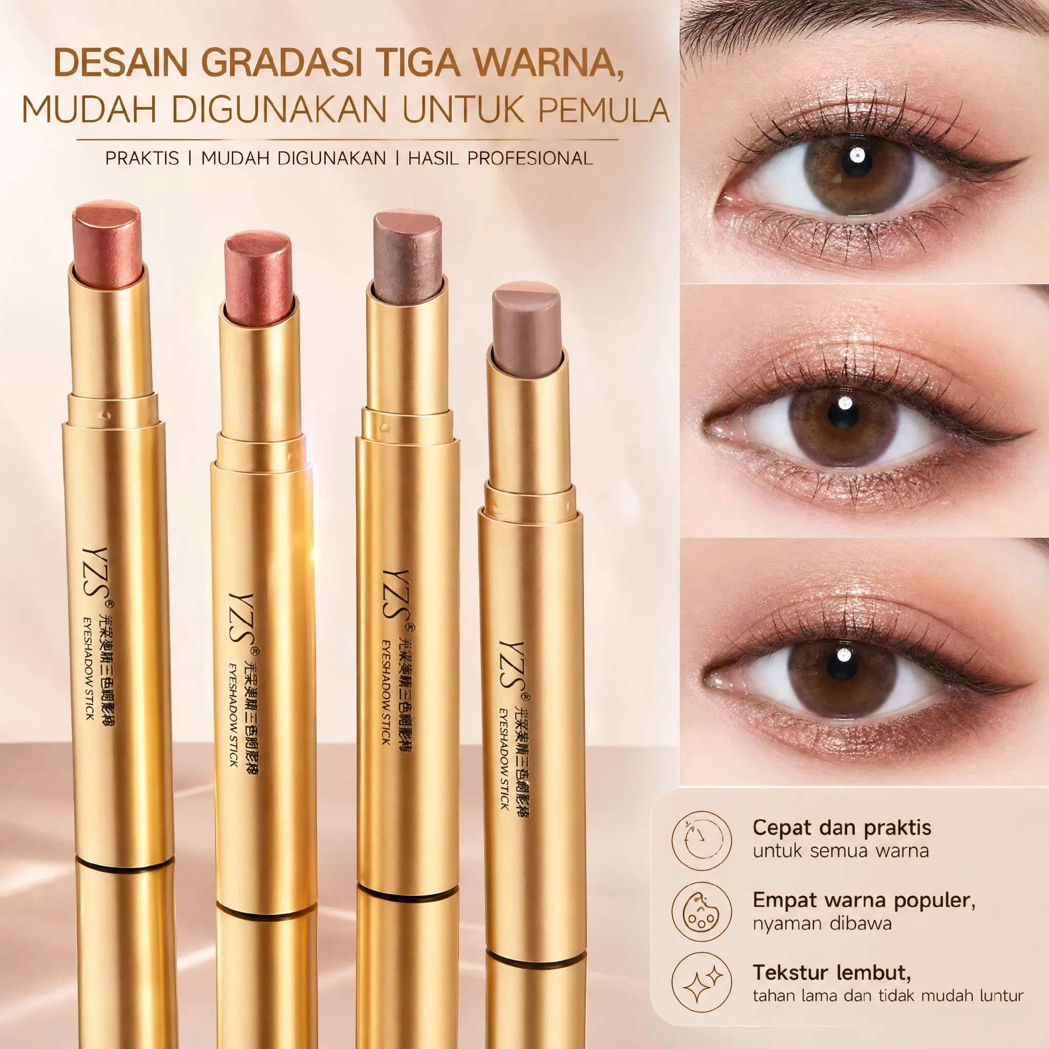 Eyeshadow 3 Warna All-in-One - Glitter Gradasi, Sekali Usap Tepat, Finish Matte & Shimmer, Cocok untuk Pemula!