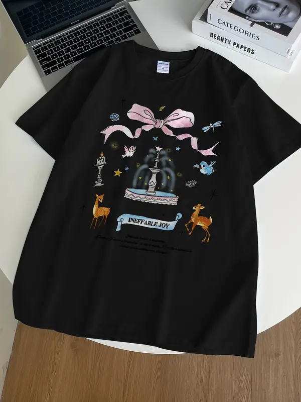 <TMG> T-shirt dicuci kebesaran | Busur yang lucu dan manis | T-shirt katun multi-warna berkualitas tinggi, baju aesthetic lucu kece premium,T-shirt katun oversized wanita dalam kualitas dicuci hitam dan putih  I0219 2