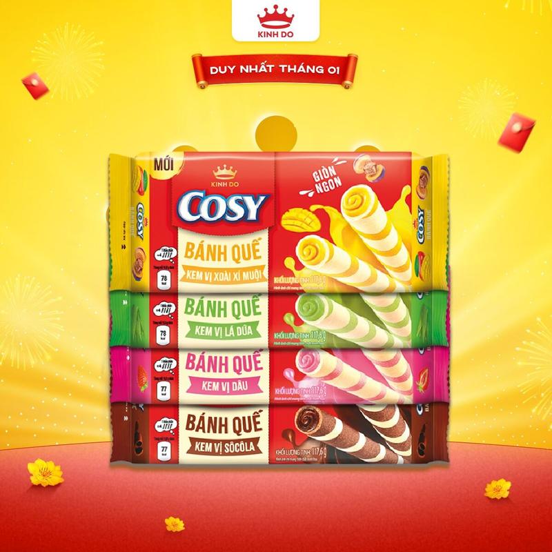  Combo 4 Hộp Bánh Quế Cosy 4 Vị Socola Dâu Lá Dứa Xoài Xí Muội 117.6 126g - LIVE 