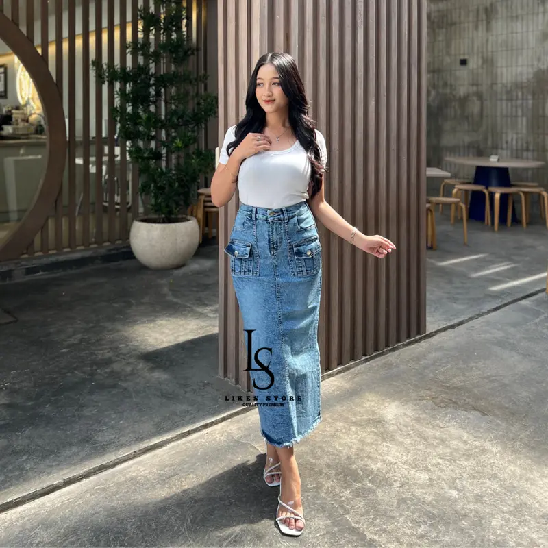 Moreen  rok Jeans Rawis wanita -  Moreen rok Span Stretch Korean Style Panjang  Denim Midi 2