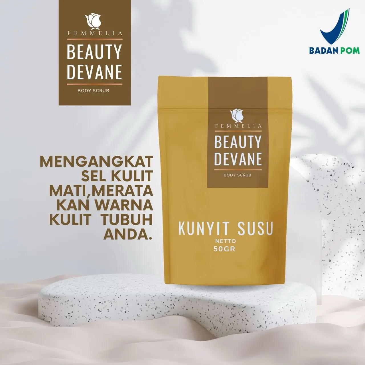 FEMMELIA Beauty Devane Lulur Kunyit Susu 50gr scrub Tubuh untuk melembabkan dan Mencerakhan Kulit Kering dan mengangkat sel kulit mati