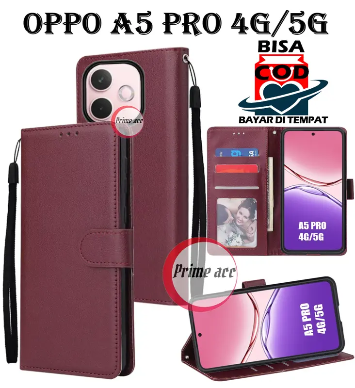 Flip Cover Kulit Premium untuk OPPO A5 PRO 4G/5G case Dompet dan Pengunci Magnet 3