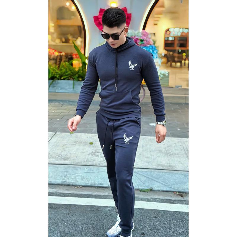 {Bộ thu đông} nỉ lông cottong nam họa tiết. nỉ nam áo mũ sweater nam cho phái mạnh hoodie và quần dài màu đen và xanh na